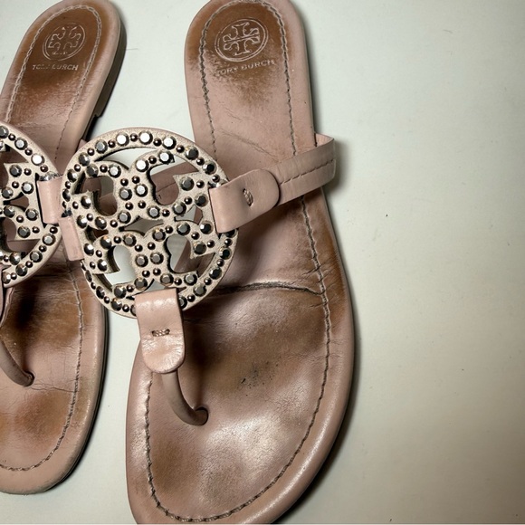 Tory Burch Miller Embellished Sandal Seashell Pink Leather Flat Summer Size 7.5 - Picture 3 of 7